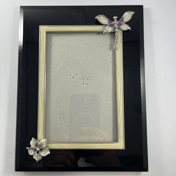 Dragonfly and Flower 4x6 Picture Frame, Black Enamel, Off-White, Purple, Pretty - Picture 1 of 8